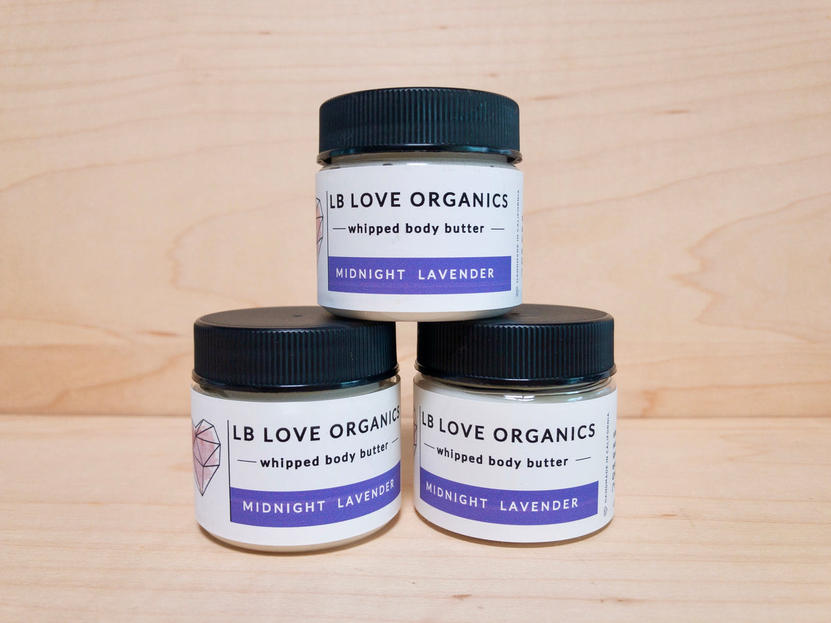 stack of three mini Midnight Lavender body butters LB Love Organics sensitive skincare