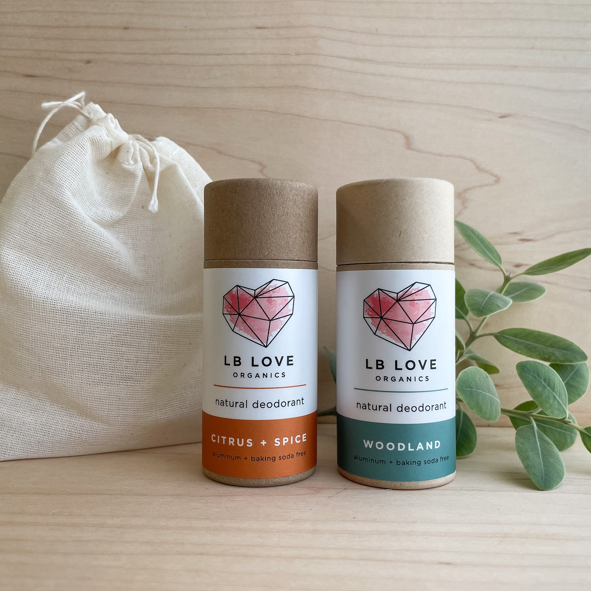 LB Love Organics zero waste deodorant duo compostable packaging organic magnesium deodorant for sensitive skin Citrus and Spice Woodland scents
