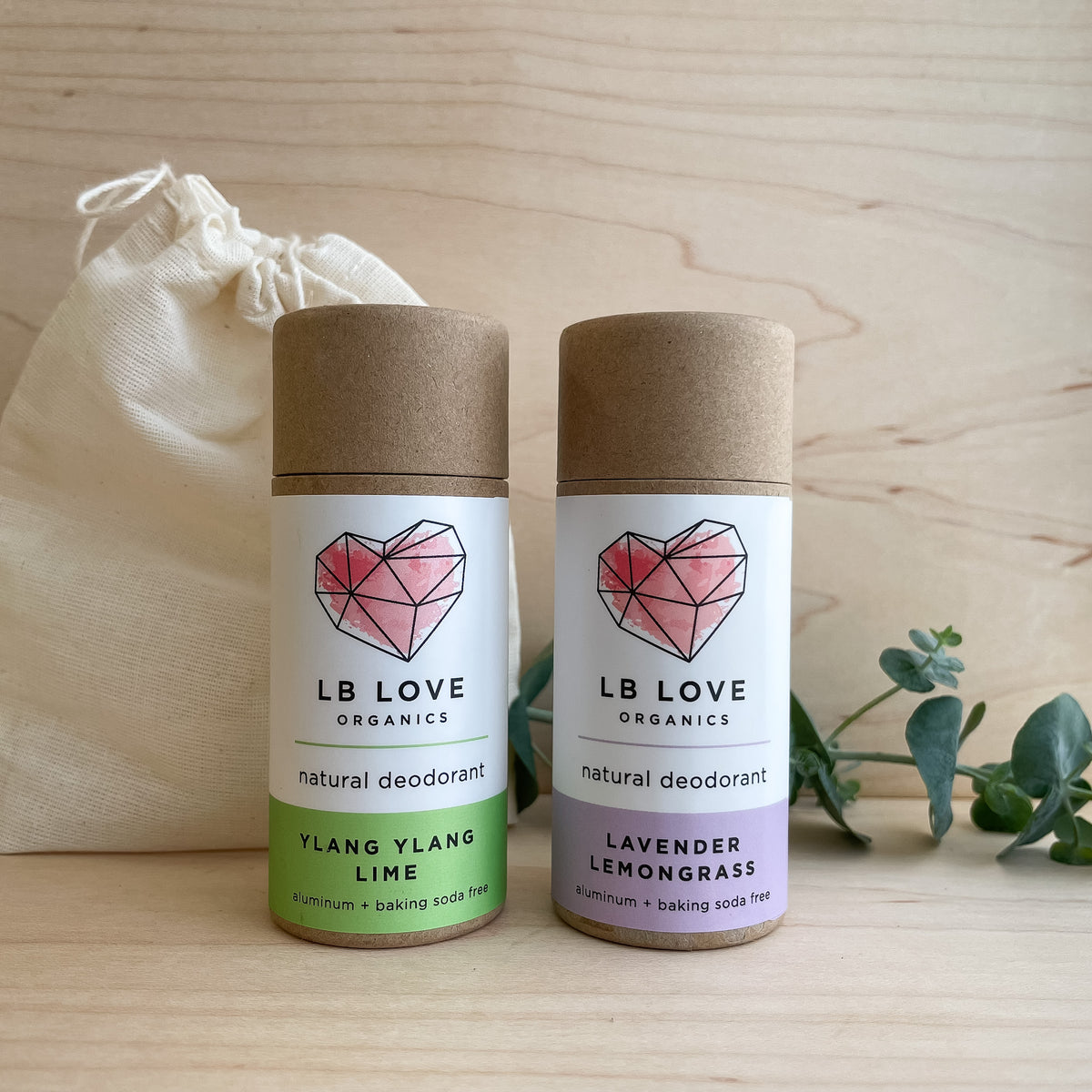 LB Love Organics zero waste deodorant duo compostable packaging organic magnesium deodorant for sensitive skin Ylang Ylang Lime and Lavender Lemongrass scents