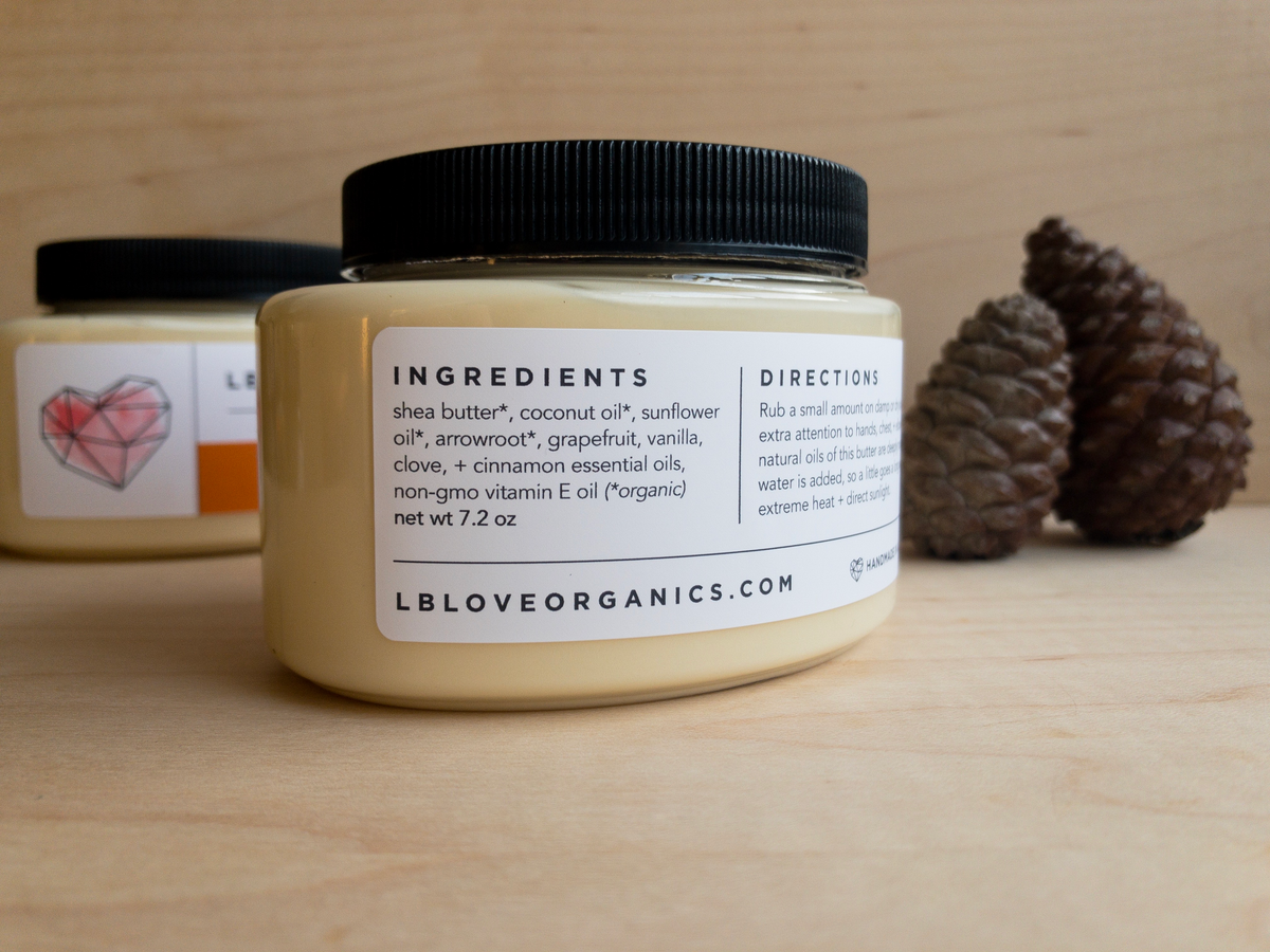 LB Love Organics citrus and spice ingredients shea organic body butter