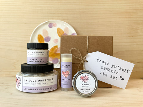 LB Love Organics treat yo'self lavender lovers organic spa set sugar scrub body butter lip scrub polish lip balm in gift box 